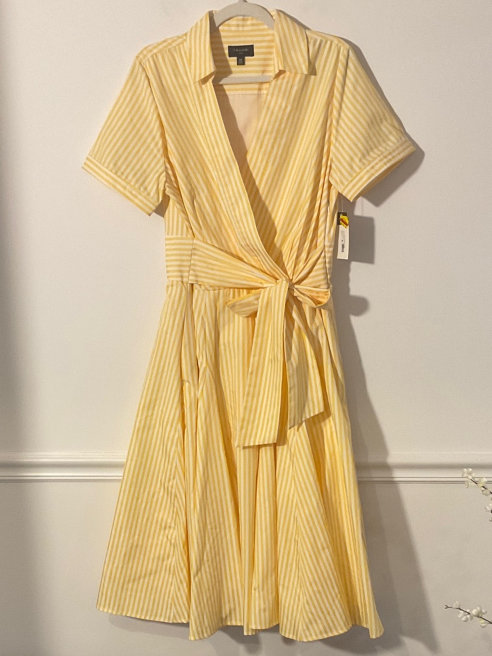 Tahari ASL Yellow Striped Wrap Midi Dress